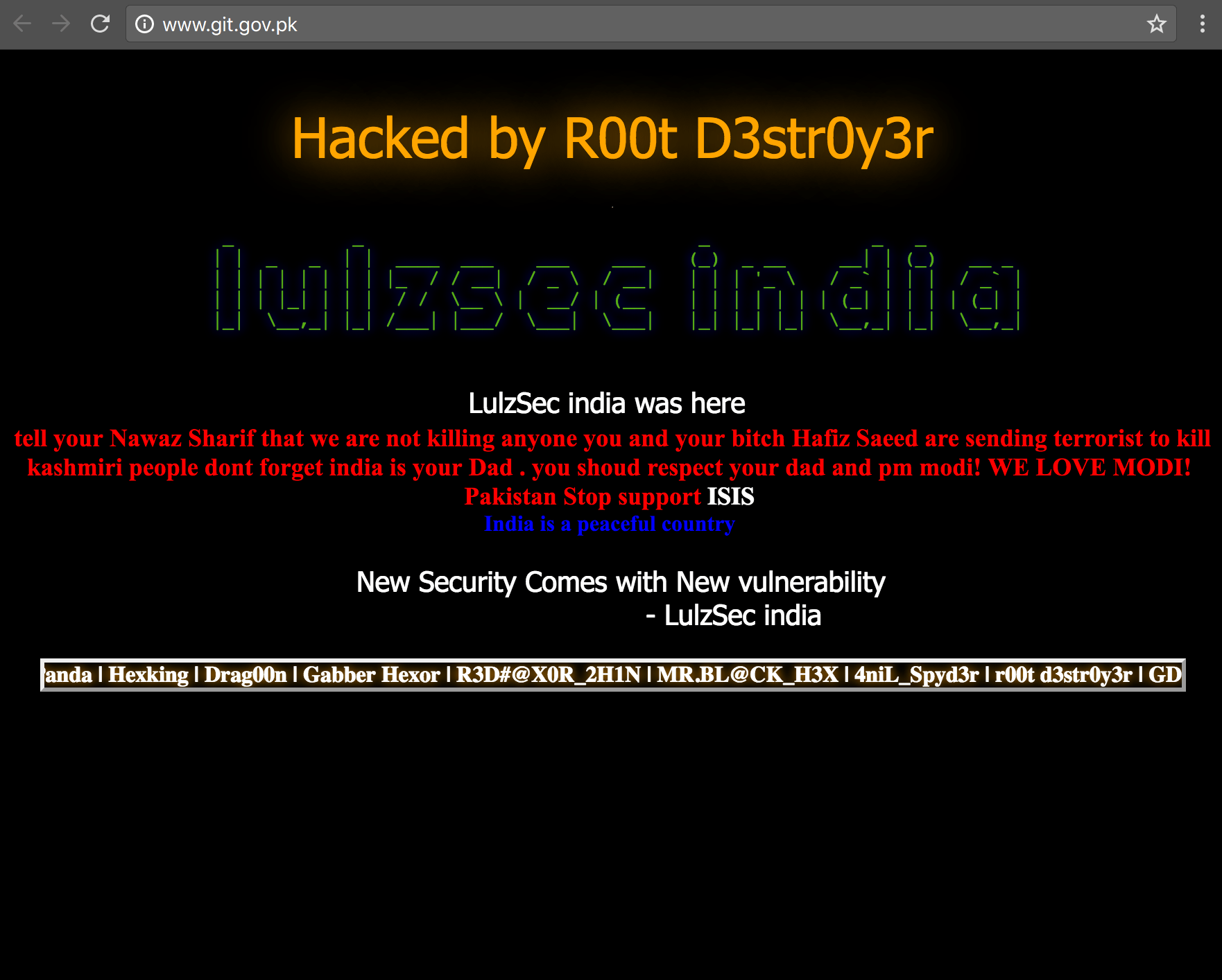 Screenshot of the attacked website, www.git.gov.pk defaced by the hacker r00t d3str0y3r
