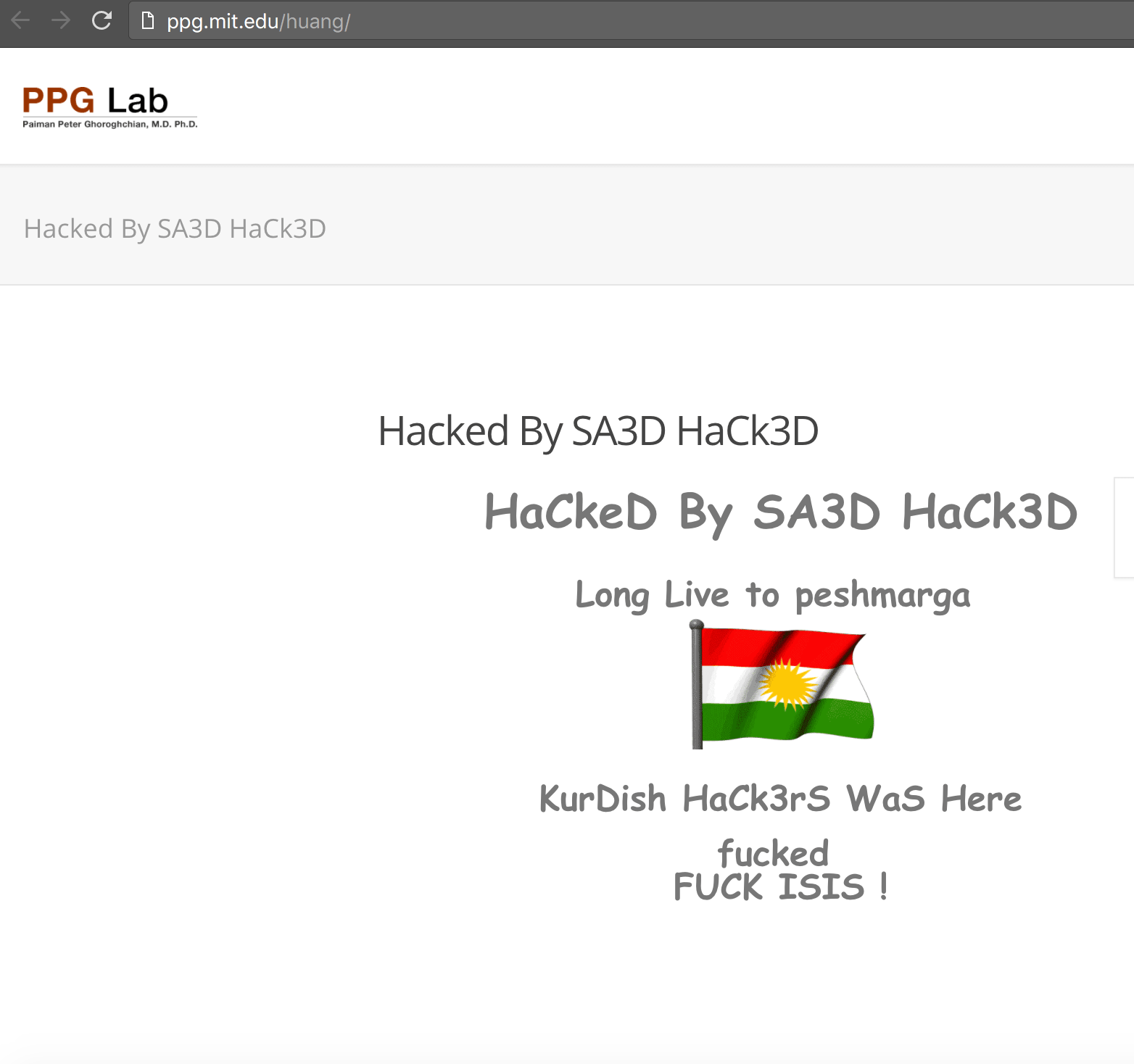Screenshot of ppg.mit.edu hacked by Kurdish hacker SA3D HaCk3D