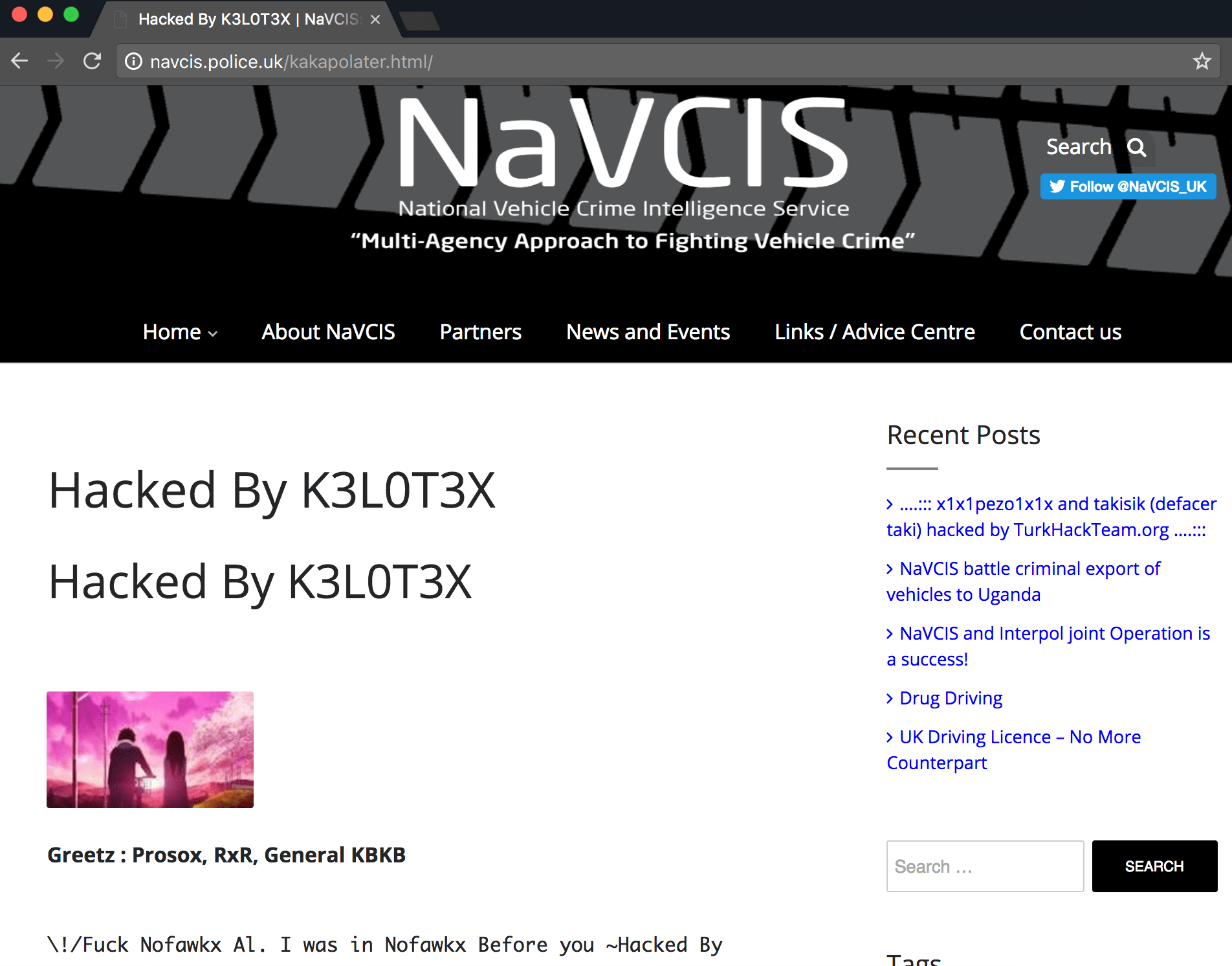 Screenshot of navics.police.uk defaced by hacker K3L0T3X