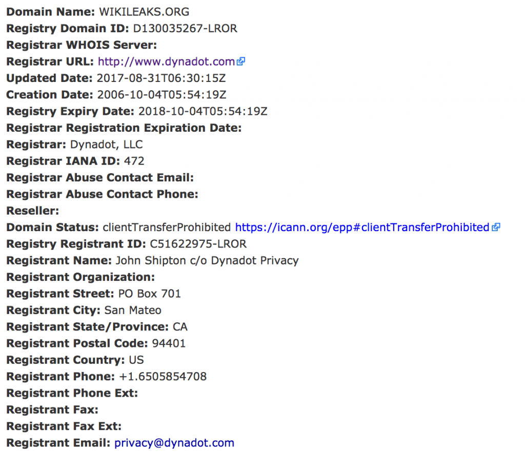 A Screenshot of WikiLeaks (wikileaks.org) Domain WHOIS information being updated.