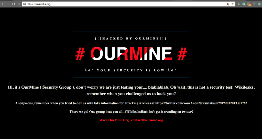 A screenshot of WikiLeaks website wikileaks.org hacked and defaced by OurMine