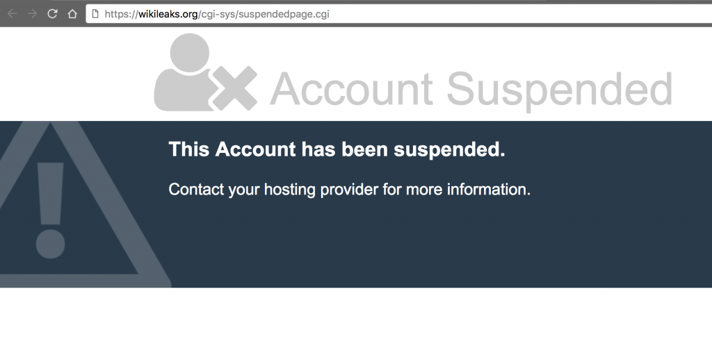 A Screenshot of WikiLeaks website "WikiLeaks.org" server that was used by OurMine to deface the domain web hosting account suspended.