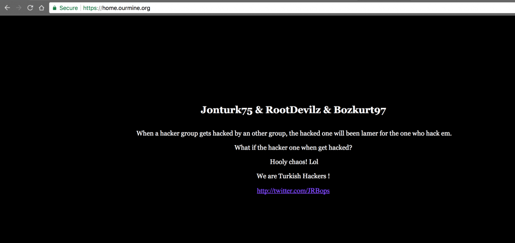 A Screenshot of OurMine website https://home.ourmine.org being defaced by Turkish hackers.