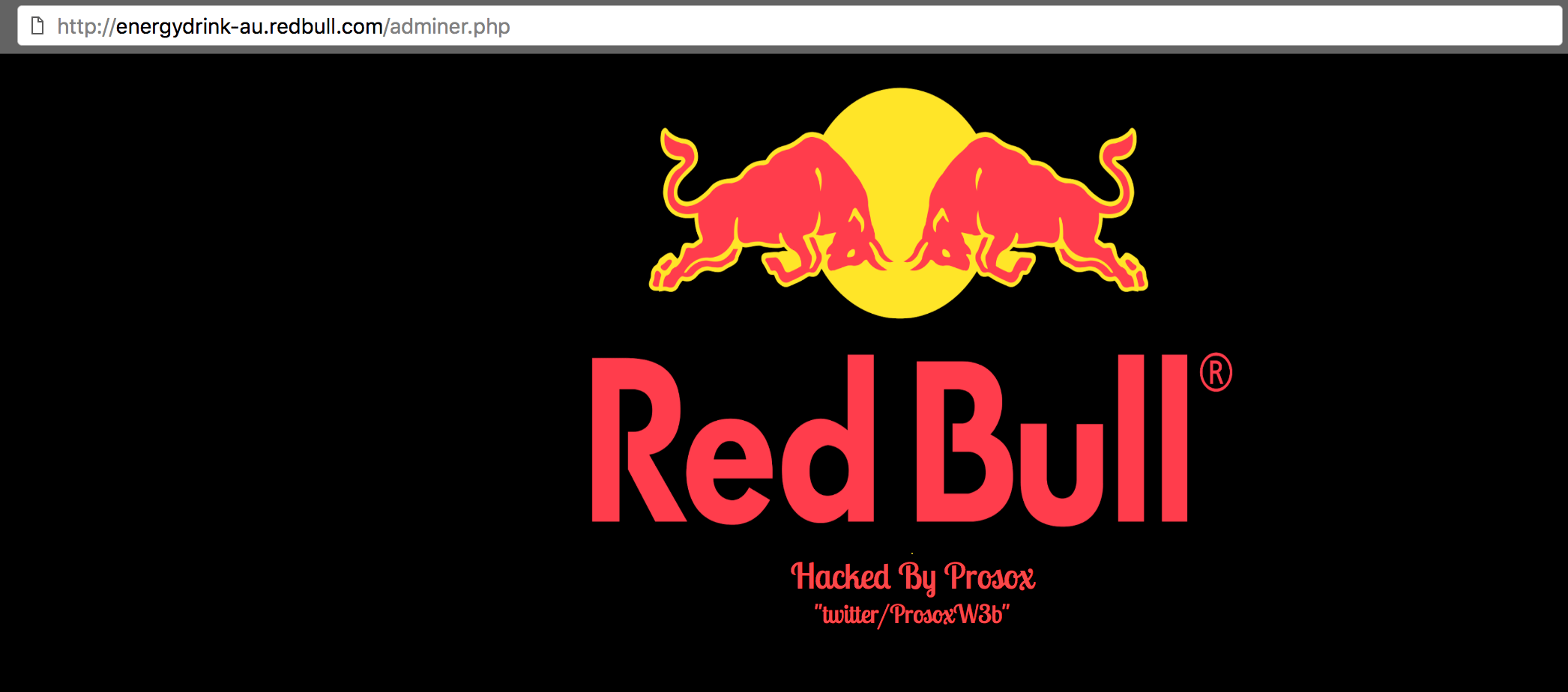A screenshot of Red Bull website being hacked and defaced by the hacker named Prosox.