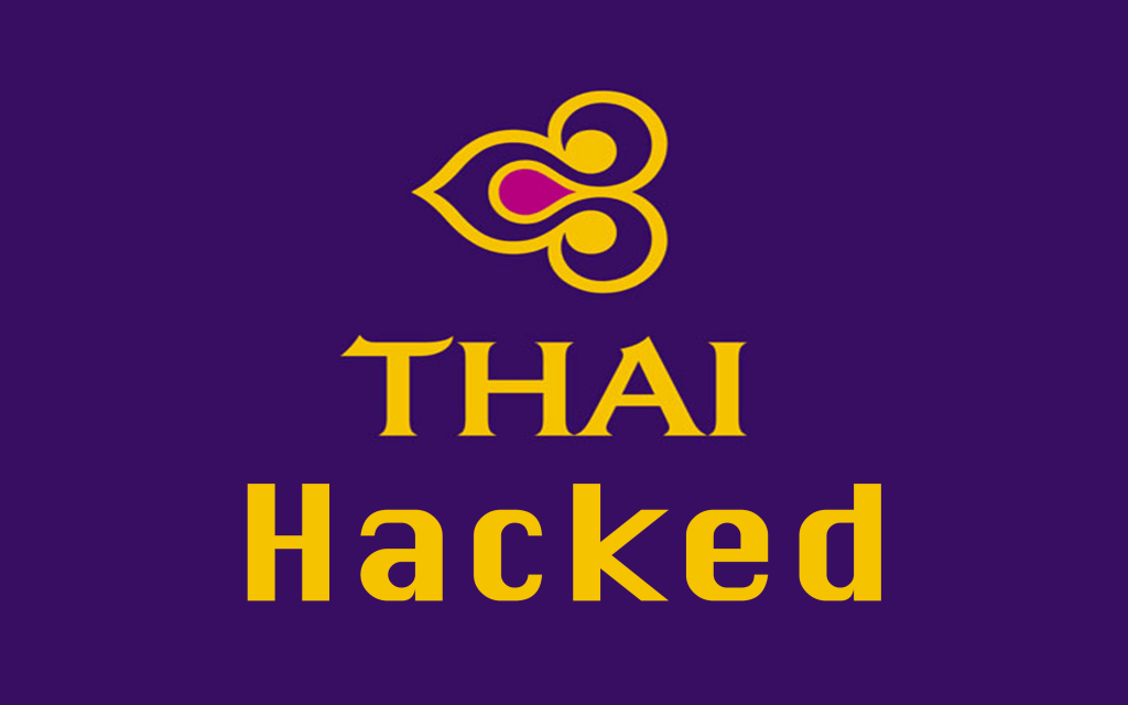 An image of Thai Airways logo with a Hacked text.