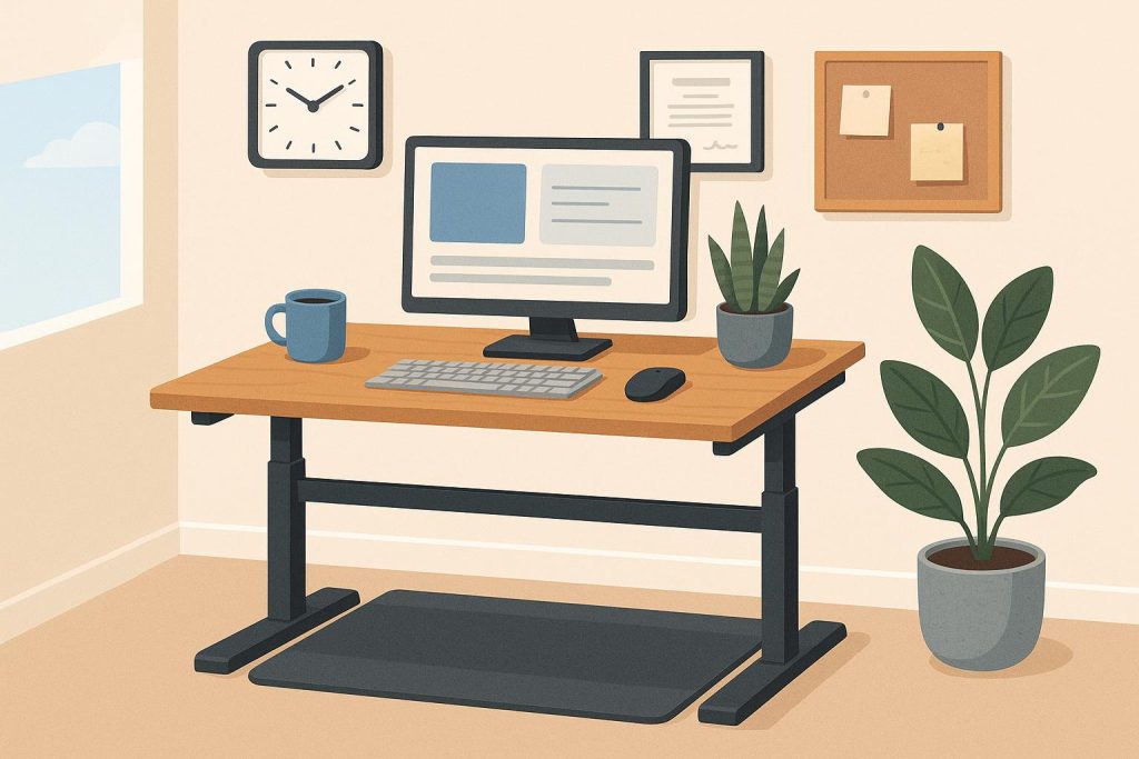 Modern home office with standing desk, ergonomic chair, laptop, and indoor plants for productivity