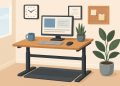 Modern home office with standing desk, ergonomic chair, laptop, and indoor plants for productivity