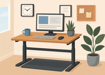Modern home office with standing desk, ergonomic chair, laptop, and indoor plants for productivity
