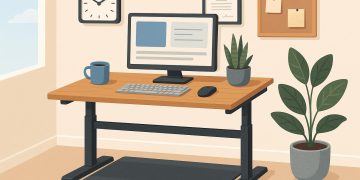 Modern home office with standing desk, ergonomic chair, laptop, and indoor plants for productivity