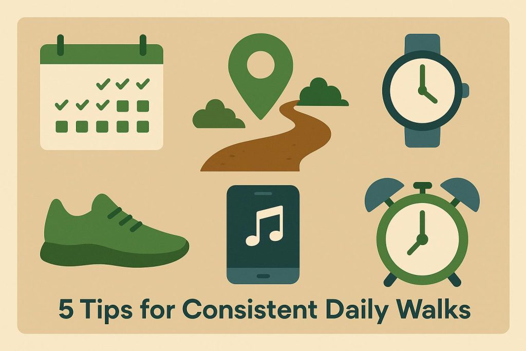 Person walking on a tree-lined path, promoting daily walking tips for a healthy lifestyle