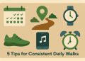 Person walking on a tree-lined path, promoting daily walking tips for a healthy lifestyle