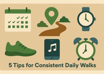 Person walking on a tree-lined path, promoting daily walking tips for a healthy lifestyle