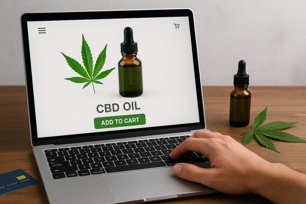 CBD products and digital shopping cart illustrating online CBD purchasing in the UK