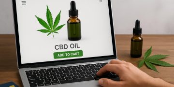 CBD products and digital shopping cart illustrating online CBD purchasing in the UK
