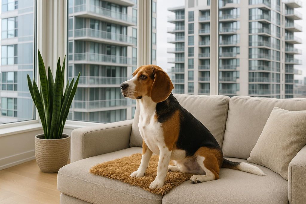 Small dog relaxing on a balcony with city buildings in the background, adapting to condo living