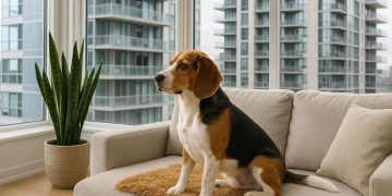 Small dog relaxing on a balcony with city buildings in the background, adapting to condo living