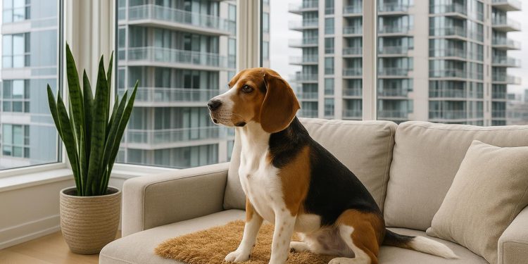 Small dog relaxing on a balcony with city buildings in the background, adapting to condo living