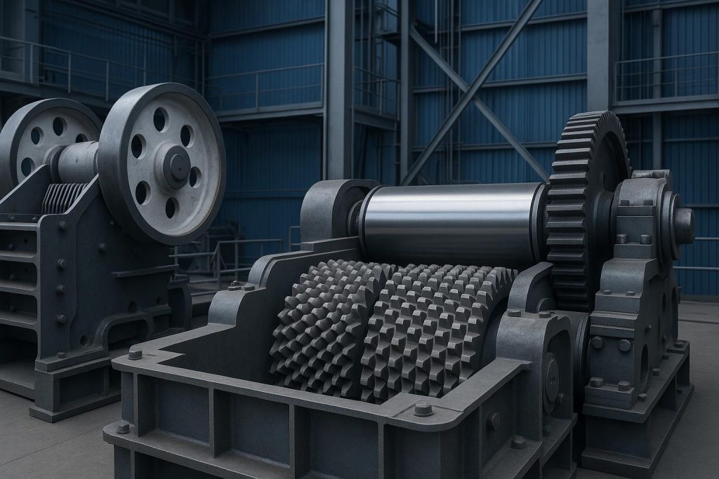 Industrial crushing and rolling machinery processing raw materials for manufacturing operations