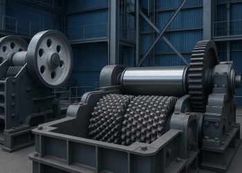 Industrial crushing and rolling machinery processing raw materials for manufacturing operations