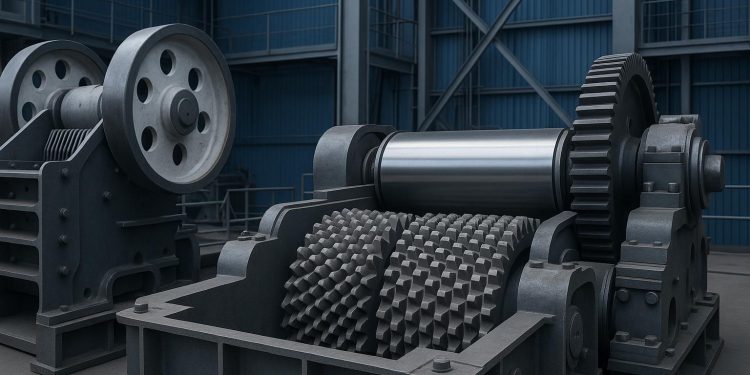 Industrial crushing and rolling machinery processing raw materials for manufacturing operations