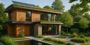 Modern eco-friendly luxury home featuring green roofs and sustainable architectural elements