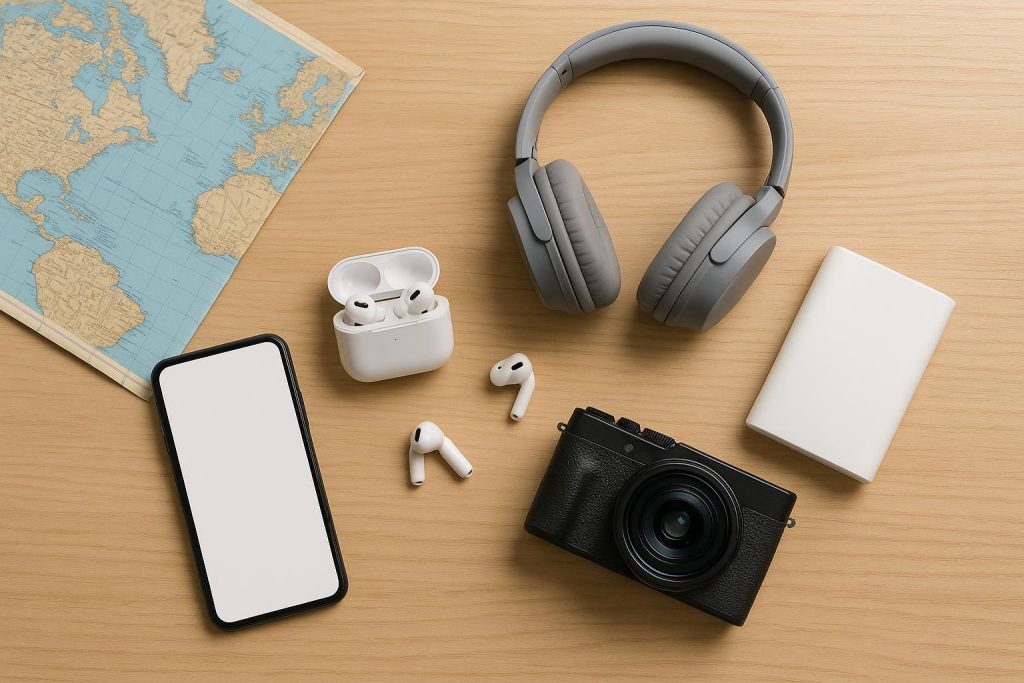 Essential travel gadgets neatly arranged on a suitcase, ready for a modern traveler’s journey.