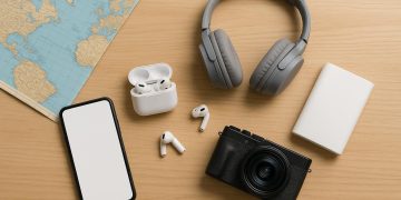 Essential travel gadgets neatly arranged on a suitcase, ready for a modern traveler’s journey.