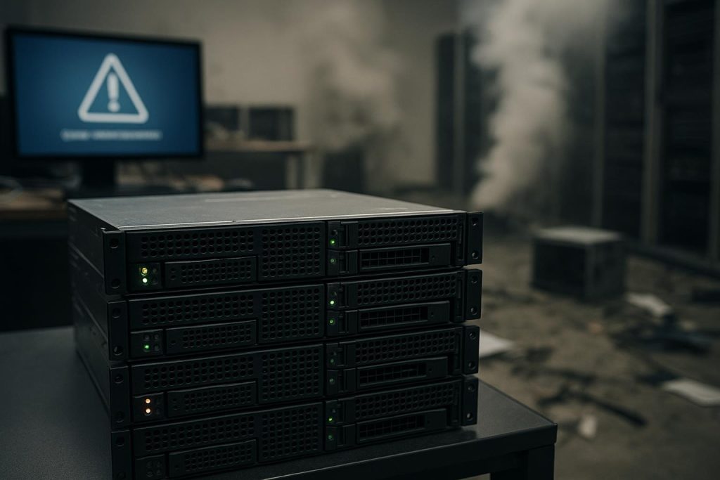 Server room with warning symbol, illustrating SMB disaster recovery and overlooked business risks