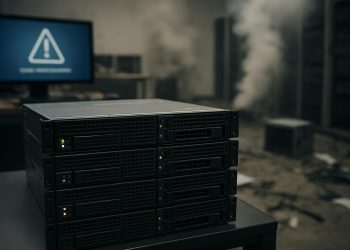 Server room with warning symbol, illustrating SMB disaster recovery and overlooked business risks