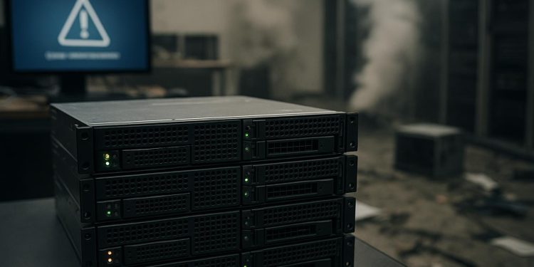 Server room with warning symbol, illustrating SMB disaster recovery and overlooked business risks