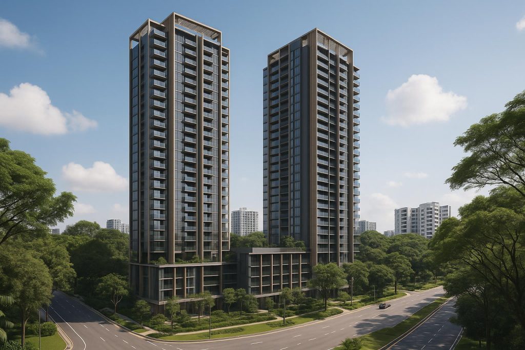 Lentor Gardens Residences modern condominium exterior in Singapore with lush landscaping
