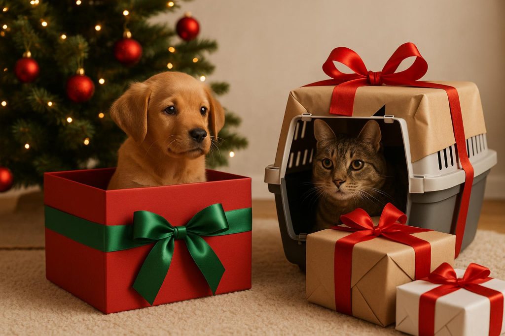 Adorable puppy wearing a red bow surrounded by Christmas gifts under a decorated holiday tree