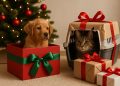 Adorable puppy wearing a red bow surrounded by Christmas gifts under a decorated holiday tree