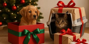 Adorable puppy wearing a red bow surrounded by Christmas gifts under a decorated holiday tree
