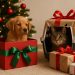 Adorable puppy wearing a red bow surrounded by Christmas gifts under a decorated holiday tree