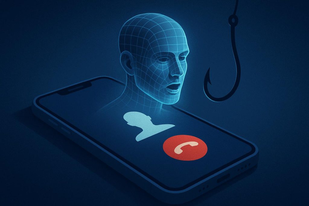 Smartphone displaying AI-generated voice assistant, symbolizing rising vishing cybersecurity threats