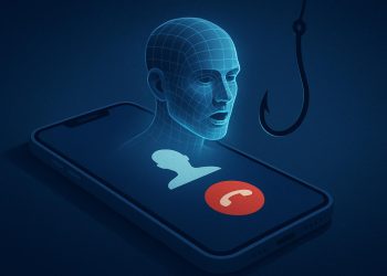Smartphone displaying AI-generated voice assistant, symbolizing rising vishing cybersecurity threats