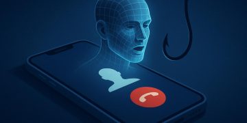 Smartphone displaying AI-generated voice assistant, symbolizing rising vishing cybersecurity threats