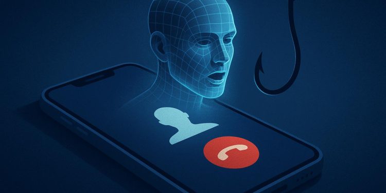 Smartphone displaying AI-generated voice assistant, symbolizing rising vishing cybersecurity threats