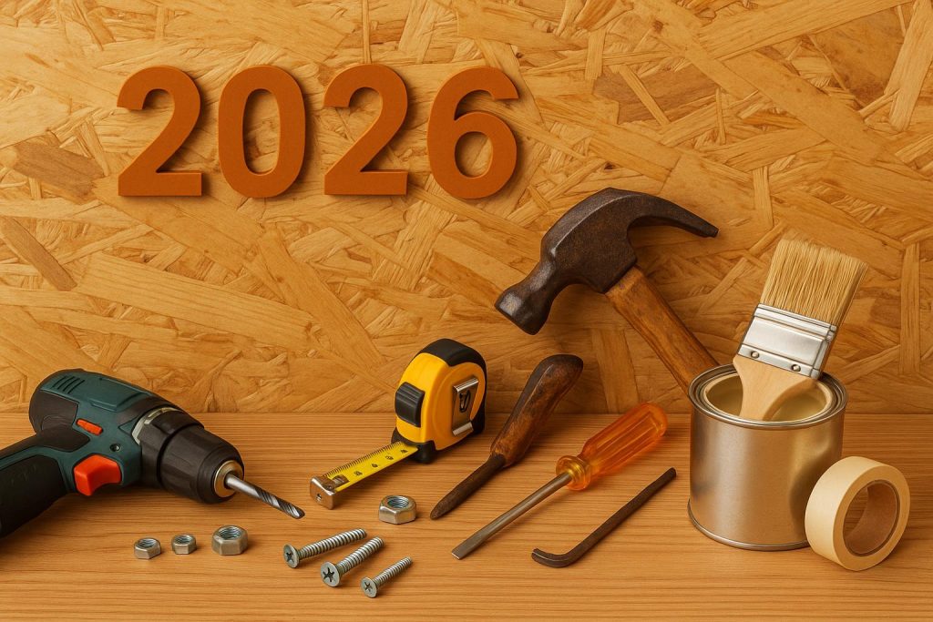 Essential DIY home repair tools and materials arranged on a wooden workbench for homeowners