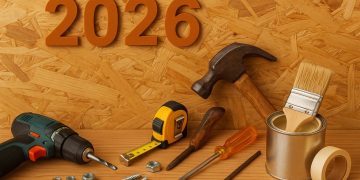 Essential DIY home repair tools and materials arranged on a wooden workbench for homeowners