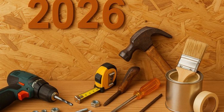 Essential DIY home repair tools and materials arranged on a wooden workbench for homeowners