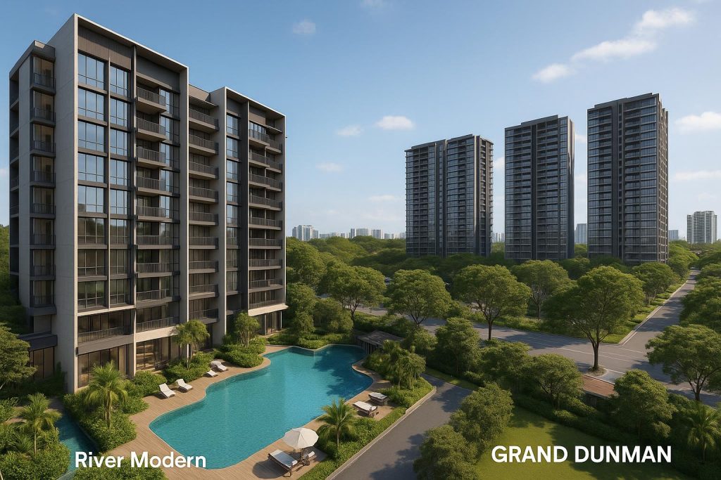 River Modern condominium facade compared to Grand Dunman residential development in Singapore