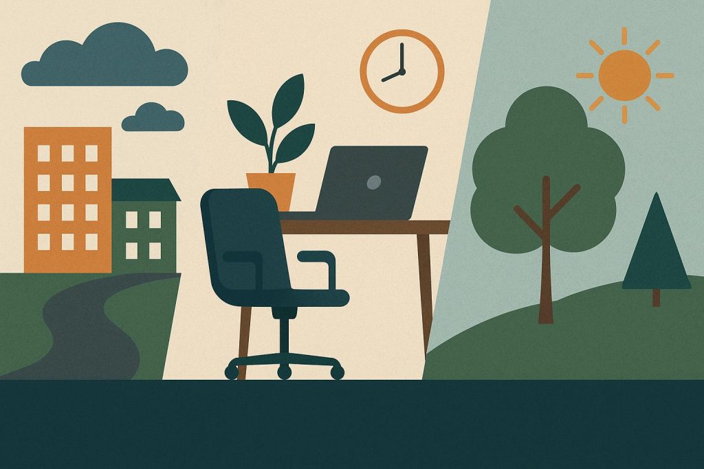 Modern workspace with natural light, plants, and organized desk promoting well-being and productivity