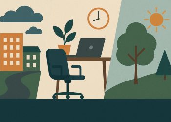 Modern workspace with natural light, plants, and organized desk promoting well-being and productivity