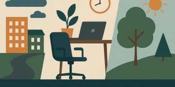 Modern workspace with natural light, plants, and organized desk promoting well-being and productivity