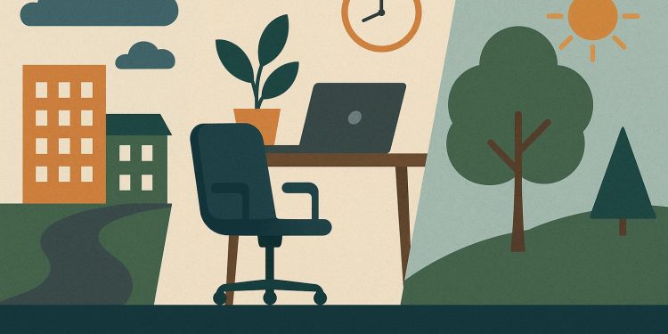 Modern workspace with natural light, plants, and organized desk promoting well-being and productivity