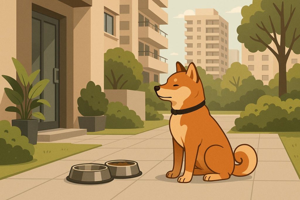 Dog on leash walking politely through a modern condo hallway, illustrating good urban pet manners