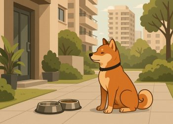 Dog on leash walking politely through a modern condo hallway, illustrating good urban pet manners